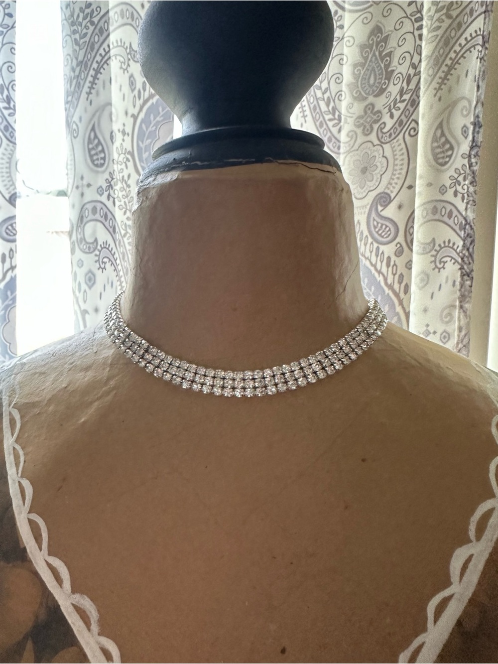 Crystal Pave 3-Row Choker Necklace - Silver Tone bracelet and earrings